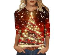Keepink Christmas Jumpers for Women UK Plus Size 8-24 Glitter Xmas Tree Print 3/4 Sleeve Tops Cotton Crewneck Pullover Blouse Dressy Casual Tunic T Shirt Ladies Xmas Sweatshirts