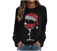 Keepink Christmas Jumpers for Women Xmas Red Wine Glass Printed Sweatshirt Novelty Crew Neck Long Sleeve Tops Cute Funny Jumper Pullover Holiday Sweater Loose Athletic Shirts