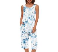 Keepink Co Ord Sets for Women 2 Piece Outfits Pajama Sets Comfy Sleeveless Pleated Vest Tops +Lightweight Cropped Pants Sleepwear Cute Pjs Lounge Set Ladies Homewear S-XXL