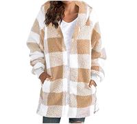 Keepink Coats Womens Fleece Zip Up Jacket Ladies Hooded Plaid Coat Long Sleeve Checked Sherpa Shacket Lightweight Warm Fuzzy Outerwear Cosy Soft Winter Jackets with Pocket Cover Up