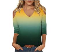 Keepink Cold Shoulder Tops for Women UK 3/4 Sleeve V Neck Shirts Trendy Printed Cotton T Shirts Fall Y2k Tshirt Business Work Casual Dressy Blouse Elegant Party Ladies Tops S-XXL