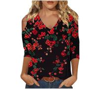 Keepink Cold Shoulder Tops for Women UK 3/4 Sleeve V Neck Shirts Trendy Printed Cotton T Shirts Fall Y2k Tshirt Business Work Casual Dressy Blouse Elegant Party Ladies Tops S-XXL