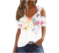 Keepink Cold Shoulder Tops for Women UK Plus Size 8-22 Blouse Womens Summer Tops Short Sleeve V Neck T Shirts Eleagnt Shirt Dressy Casual Top Going Out Pullover Trendy Clothes Sale