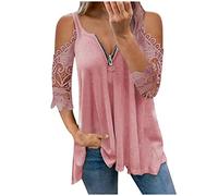 Keepink Cold Shoulder Tops for Women UK Sexy Zipper V Neck Tunic Blouses Lace Half Sleeve T Shirts Baggy Dressy Casual Shirts Trendy Going Out Party Ladies Outfits UK Large Size 8-22