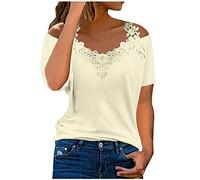 Keepink Cold Shoulder Tops for Women UK Short Sleeve Casual T Shirt Ladies Lace Top Summer Blouses V Neck Loose Tunic Blouse Trendy Basic Tees Workout Vacation Tshirts Clearance