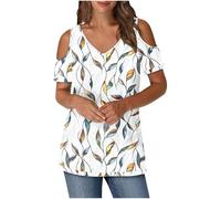 Keepink Cold Shoulder Tops for Women UK Summer V Neck T-Shirts Trendy Printed/Solid Tee Shirts Baggy Short Sleeve Tunic Top Business Casual Dressy Blouses Elegant Ladies Top Tshirt