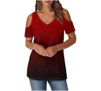 Keepink Cold Shoulder Tops for Women UK Summer V Neck T-Shirts Trendy Printed/Solid Tee Shirts Baggy Short Sleeve Tunic Top Business Casual Dressy Blouses Elegant Ladies Top Tshirt