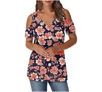 Keepink Cold Shoulder Tops for Women UK Summer V Neck T-Shirts Trendy Printed/Solid Tee Shirts Baggy Short Sleeve Tunic Top Business Casual Dressy Blouses Elegant Ladies Top Tshirt