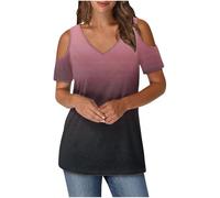 Keepink Cold Shoulder Tops for Women UK Summer V Neck T-Shirts Trendy Printed/Solid Tee Shirts Baggy Short Sleeve Tunic Top Business Casual Dressy Blouses Elegant Ladies Top Tshirt