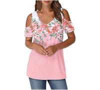 Keepink Cold Shoulder Tops for Women UK Summer V Neck T-Shirts Trendy Printed/Solid Tee Shirts Baggy Short Sleeve Tunic Top Business Casual Dressy Blouses Elegant Ladies Top Tshirt