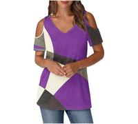 Keepink Cold Shoulder Tops for Women UK Summer V Neck T-Shirts Trendy Printed/Solid Tee Shirts Baggy Short Sleeve Tunic Top Business Casual Dressy Blouses Elegant Ladies Top Tshirt