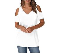 Keepink Cold Shoulder Tops for Women UK Summer V Neck T-Shirts Trendy Printed/Solid Tee Shirts Baggy Short Sleeve Tunic Top Business Casual Dressy Blouses Elegant Ladies Top Tshirt