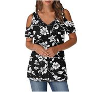 Keepink Cold Shoulder Tops for Women UK Summer V Neck T-Shirts Trendy Printed/Solid Tee Shirts Baggy Short Sleeve Tunic Top Business Casual Dressy Blouses Elegant Ladies Top Tshirt