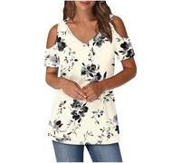 Keepink Cold Shoulder Tops for Women UK Summer V Neck T-Shirts Trendy Printed/Solid Tee Shirts Baggy Short Sleeve Tunic Top Business Casual Dressy Blouses Elegant Ladies Top Tshirt