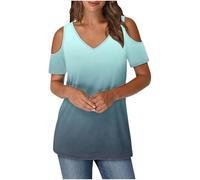Keepink Cold Shoulder Tops for Women UK Summer V Neck T-Shirts Trendy Printed/Solid Tee Shirts Baggy Short Sleeve Tunic Top Business Casual Dressy Blouses Elegant Ladies Top Tshirt