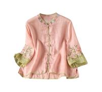 Keepink Cotton Linen Shirts for Women UK Retro Embroidered 3/4 Sleeve Tops Floral Printed Blouses Trendy Summer Boho Blouse Dressy Casual Top Vacation Cardigan Tshirt