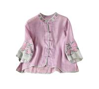 Keepink Cotton Linen Shirts for Women UK Retro Embroidered 3/4 Sleeve Tops Floral Printed Blouses Trendy Summer Boho Blouse Dressy Casual Top Vacation Cardigan Tshirt