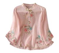 Keepink Cotton Linen Shirts for Women UK Retro Embroidered 3/4 Sleeve Tops Floral Printed Blouses Trendy Summer Boho Blouse Dressy Casual Top Vacation Cardigan Tshirt Clearance