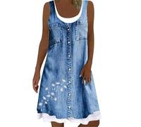 Keepink Denim Dresses for Women Sleeveless Summer Dress Casual Floral Print Dresses Round Neck Tank Dress Baggy Shift Tunic Dresses Ladies Fancy Dress Knee Length Sundresses