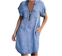 Keepink Denim Dresses for Women UK Short Sleeve Button Down Lapel Dresses Summer Denim Shirt Dress Casual Jean Short Dress Loose Flowy Tiered A-Line Dresses with Pockets S-XL