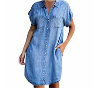 Keepink Denim Dresses for Women UK Short Sleeve Button Down Lapel Dresses Summer Denim Shirt Dress Casual Jean Short Dress Loose Flowy Tiered A-Line Dresses with Pockets S-XL