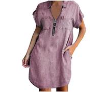 Keepink Denim Dresses for Women UK Short Sleeve Button Down Lapel Dresses Summer Denim Shirt Dress Casual Jean Short Dress Loose Flowy Tiered A-Line Dresses with Pockets S-XL