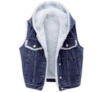Keepink Denim Waistcoats for Women Winter Hooded Vest Jean Jackets Sherpa Fleece Snug Lined Sleeveless Padded Gilet Cropped Hoodies Bodywarmer Cosy Casual Outerwear Warm Coats Plus Size S-3XL