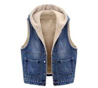 Keepink Denim Waistcoats for Women Winter Hooded Vest Jean Jackets Sherpa Fleece Snug Lined Sleeveless Padded Gilet Cropped Hoodies Bodywarmer Cosy Casual Outerwear Warm Coats Plus Size S-3XL