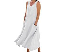Keepink Dresses for Women Loose Style Sleeveless Linen Dresses Lightweight Summer Dress A LineTank Dress Casual Long Sundress Beach Holidays Ladies Dresses with Pockets UK Size 8-18