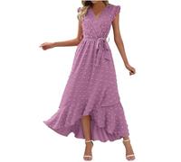 Keepink Dresses for Women UK Elegant Wedding Guest Dress Boho Swiss Dot Sleeveless Sundress V Neck Wrap Dresses Slit Belted Maxi Dress Womens Summer Dresses Size 8-16 Sale