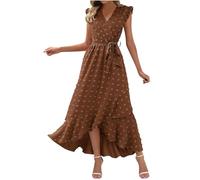 Keepink Dresses for Women UK Elegant Wedding Guest Dress Boho Swiss Dot Sleeveless Sundress V Neck Wrap Dresses Slit Belted Maxi Dress Womens Summer Dresses Size 8-16 Sale