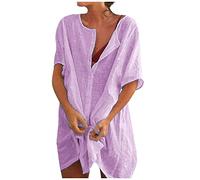 Keepink Dresses for Women UK Linen Loose Short Shirt Dresses Plain Short Sleeve V Neck Button Dress Summer Beach Dresses Cover Ups Oversized Tunic Dress Casual Mini Dresses