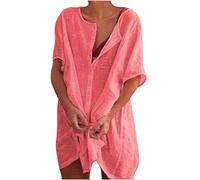 Keepink Dresses for Women UK Linen Loose Short Shirt Dresses Plain Short Sleeve V Neck Button Dress Summer Beach Dresses Cover Ups Oversized Tunic Dress Casual Mini Dresses