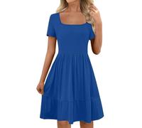 Keepink Dresses for Women UK Short Sleeve Summer Dress Casual Sexy Square Neck Mini Dress A-Line Tiered Sundress Swing Tunic T Shirts Dresses Beach Vacation Cover Up Clothes Sale