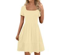 Keepink Dresses for Women UK Short Sleeve Summer Dress Casual Sexy Square Neck Mini Dress A-Line Tiered Sundress Swing Tunic T Shirts Dresses Beach Vacation Cover Up Clothes Sale