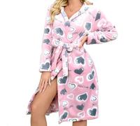 Keepink Dressing Gown Womens Short Towelling Bathrobe Cute Heart Printed Fleece Robe Ladies Hooded Robes Winter Cosy Soft Housecoat Warm Loungewear Comfort Nightwear Loose Sleepwear