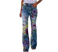 Keepink Flared Jeans for Women Retro Bootcut Low Waisted Jeans Trousers with Pocket Stretch Buttons Washed Long Denim Pants Outdoor Ladies Bell Bottom Jeans Plus Size