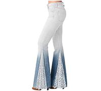 Keepink Flared Jeans Pants for Women UK Clearance Fashion Low Waist Denim Loose Pocket Lace Patchwork Pants Stretch Cow Jeans Pants Ladies Full Length Smart Trousers