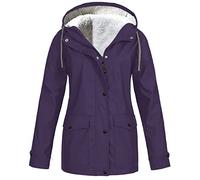 Keepink Fleece Lined Raincoat for Women Waterproof with Hood Solid Color Lightweight Outdoor Windbreaker Jacket Outerwear Hiking Rain Coats Plus Size Trench Coat Outerwear
