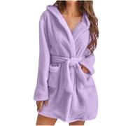 Keepink Fuzzy Robes for Women Mid Length Fluffy Hooded Bathrobe with Belted Solid Comfy Soft Dressing Gown Plush Bath Robe with Pockets Fall Winter Warm Winter Spa Robe S-3XL