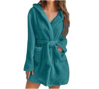 Keepink Fuzzy Robes for Women Mid Length Fluffy Hooded Bathrobe with Belted Solid Comfy Soft Dressing Gown Plush Bath Robe with Pockets Fall Winter Warm Winter Spa Robe S-3XL
