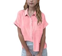 Keepink Girls' Blouses & Shirts Button-Down Short Sleeve Lapel Shirt Plain Cotton Linen Tops Oversized Tunic T Shirts Eleagnt Dressy Casual Shirts Kids Classic School Blouse 3-14 Years