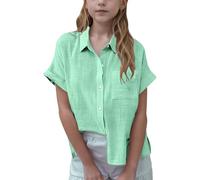 Keepink Girls' Blouses & Shirts Button-Down Short Sleeve Lapel Shirt Plain Cotton Linen Tops Oversized Tunic T Shirts Eleagnt Dressy Casual Shirts Kids Classic School Blouse 3-14 Years