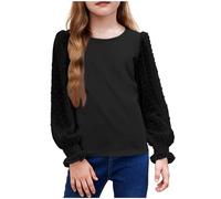 Keepink Girls Long Sleeve Tops Ruffle Jacquard Chiffon Patchwork Blouses Cute Crewneck Shirts Tshirts Solid Casual Loose Tunic Top T Shirts Teen Girls Basic Tees Kids Clothes 4-13 Years