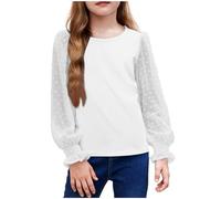 Keepink Girls Long Sleeve Tops Ruffle Jacquard Chiffon Patchwork Blouses Cute Crewneck Shirts Tshirts Solid Casual Loose Tunic Top T Shirts Teen Girls Basic Tees Kids Clothes 4-13 Years