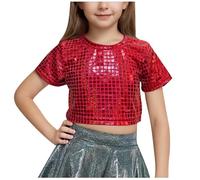 Keepink Girls Metallic Shirts Shiny Crop Top Square Grid Pattern Tees Glitter Short Sleeve Crew Neck T Shirts Kids Summer Casual Dance Tshirt Music Festival Outfits for Teens 3-16 Years