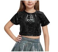 Keepink Girls Metallic Shirts Shiny Crop Top Square Grid Pattern Tees Glitter Short Sleeve Crew Neck T Shirts Kids Summer Casual Dance Tshirt Music Festival Outfits for Teens 3-16 Years