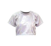 Keepink Girl's Metallic T Shirts Glitter Crop Tees Drop Shoulder Short Sleeve Round Neck Top Stretch Waistband Tee Stage Sparkle Shirt Shiny Blouses Cheerleading Competition Outfits UK