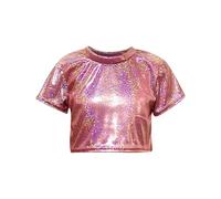 Keepink Girl's Metallic T Shirts Glitter Crop Tees Drop Shoulder Short Sleeve Round Neck Top Stretch Waistband Tee Stage Sparkle Shirt Shiny Blouses Cheerleading Competition Outfits UK