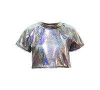 Keepink Girl's Metallic T Shirts Glitter Crop Tees Drop Shoulder Short Sleeve Round Neck Top Stretch Waistband Tee Stage Sparkle Shirt Shiny Blouses Cheerleading Competition Outfits UK